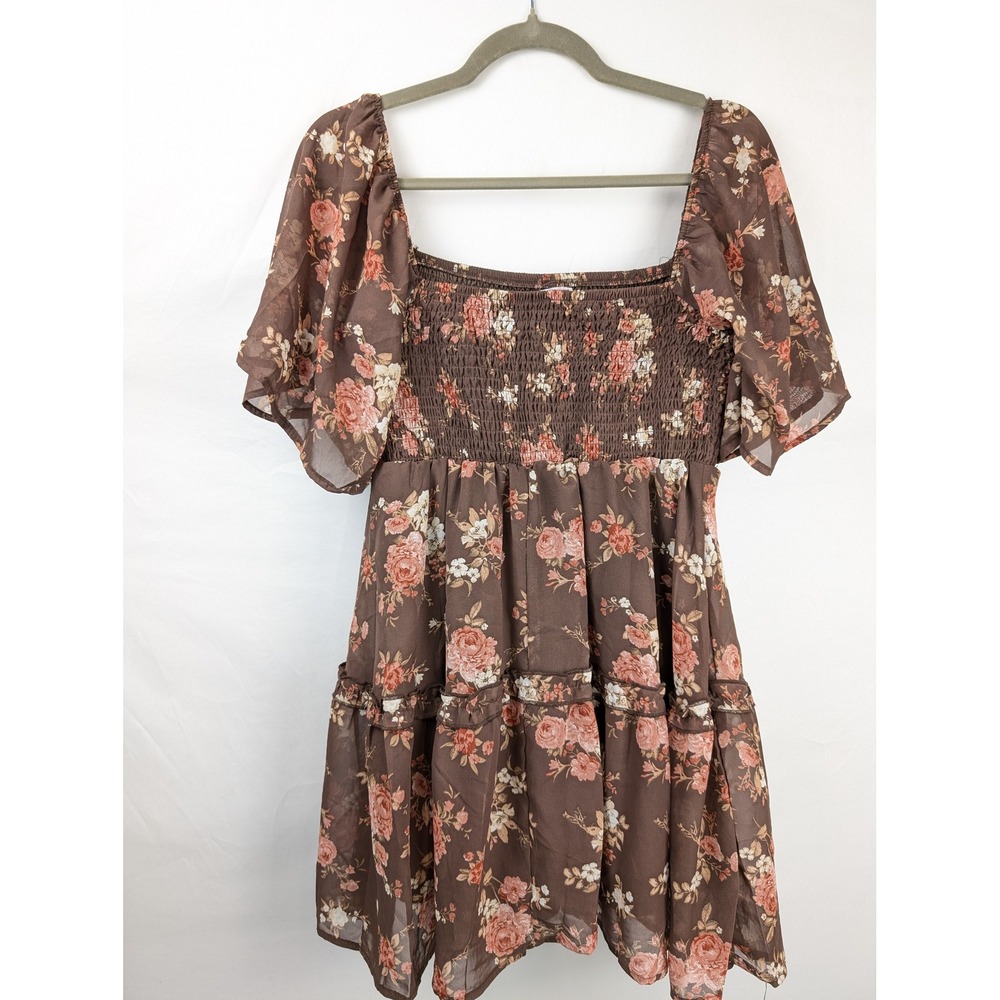 Floral Tiered Smocked Mini Dress Size M Brown Pink Cottagecore Romantic Fairy - Picture 9 of 10